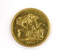 A British gold coins, Victoria gold £5, 1887, small edge nicks, otherwise about UNC.