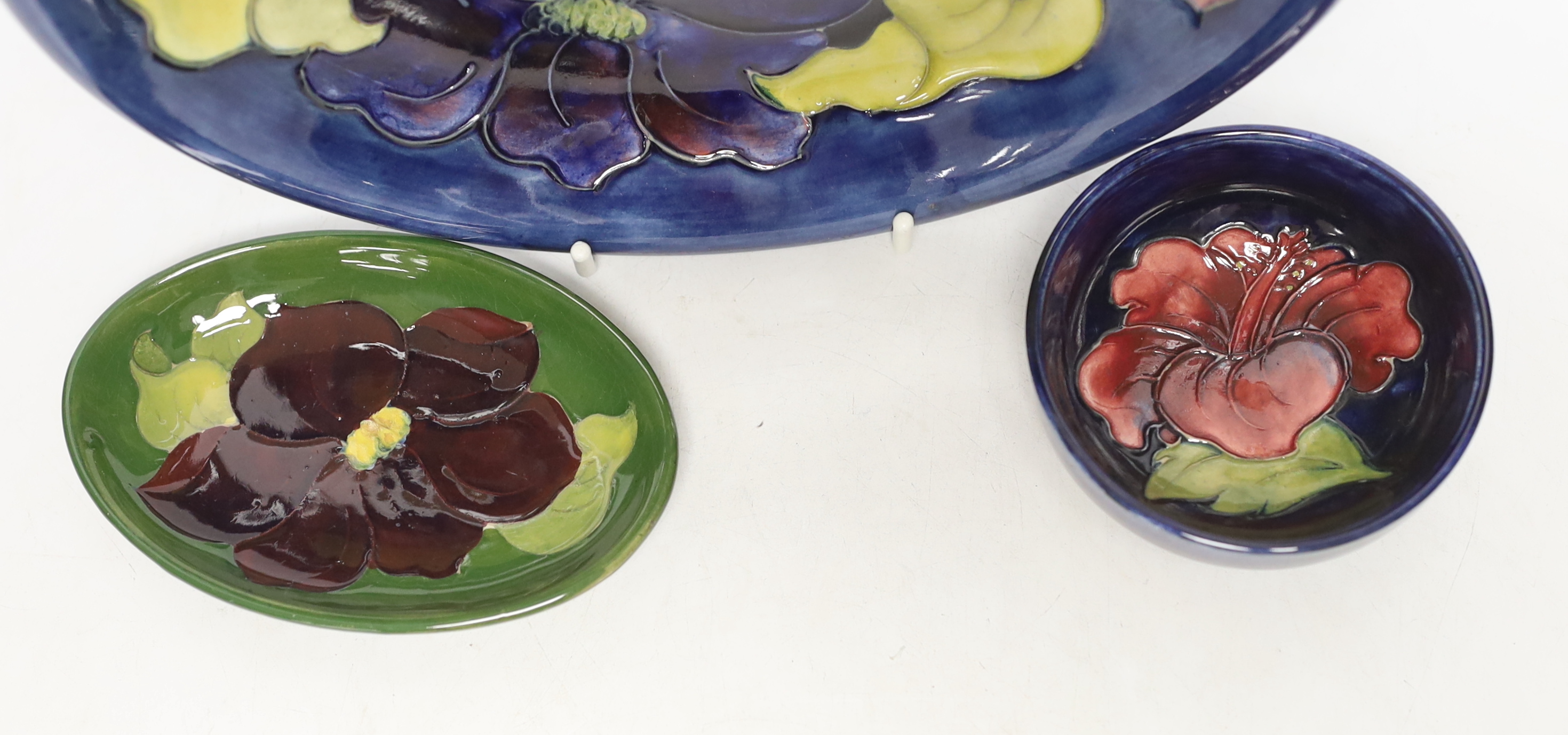 A Moorcroft Pansy plate, pin dish and a small bowl, 22cm in diameter - Image 2 of 3