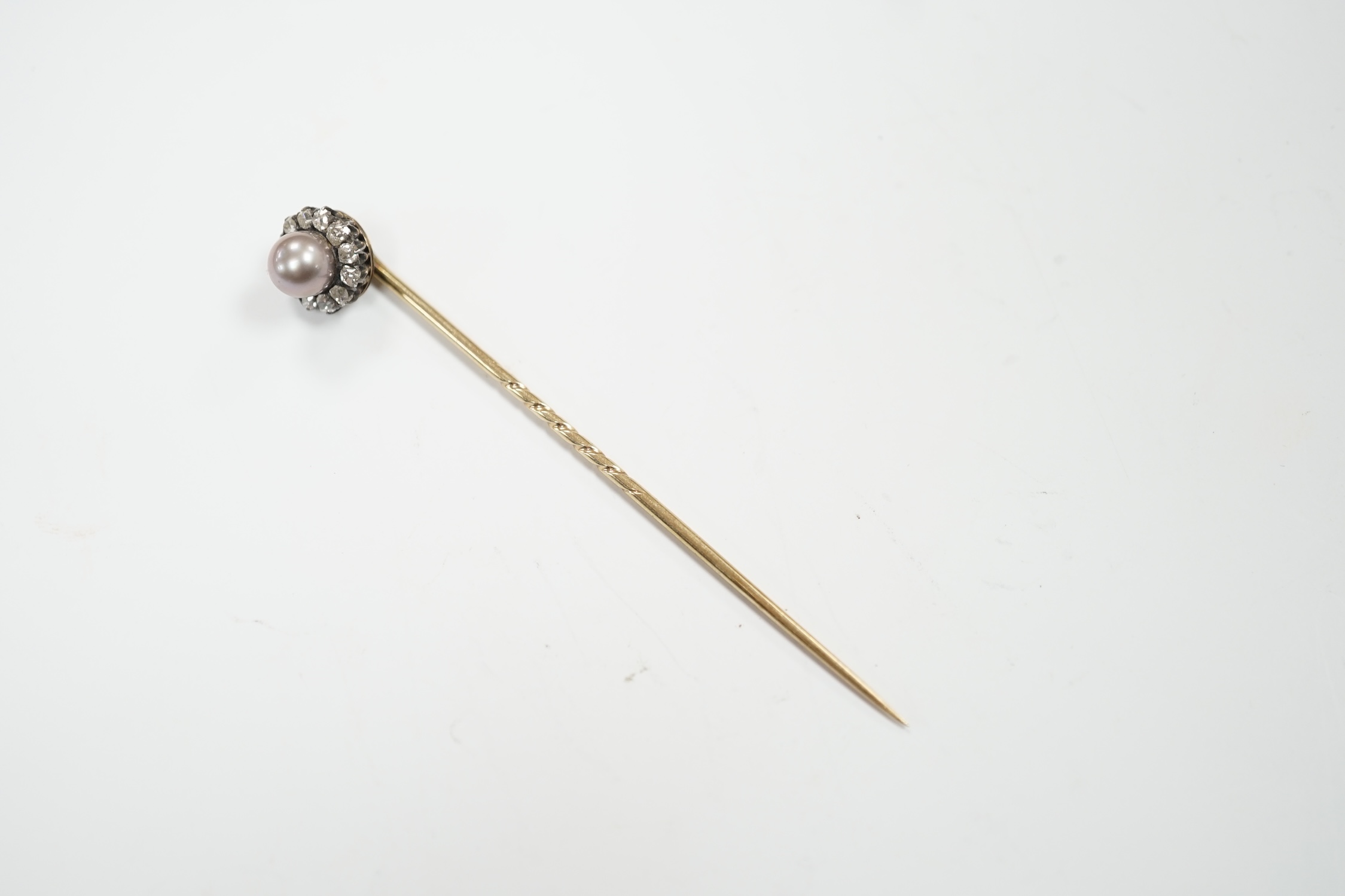 An early 20th century yellow metal, cultured pearl and old cut diamond cluster set stick pin, - Image 4 of 5