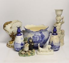 A 19th century Staffordshire Tithe Pig group, a pair of Royal Crown Derby blue and white vases, a
