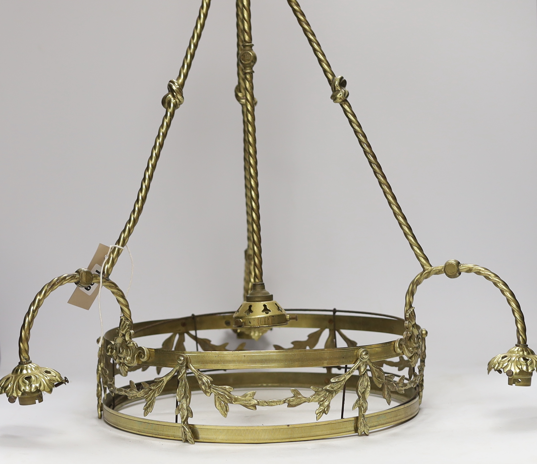 A brass three branch (four light) electrolier and four etched glass shades, 64cm high - Image 5 of 5