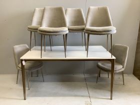 A Contemporary 'West Elm' furniture gilt metal and melamine dining table, width 152cm, depth 91cm,