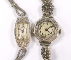 A lady's 18k and diamond set manual wind octagonal cocktail watch, a marcasite set steel bracelet