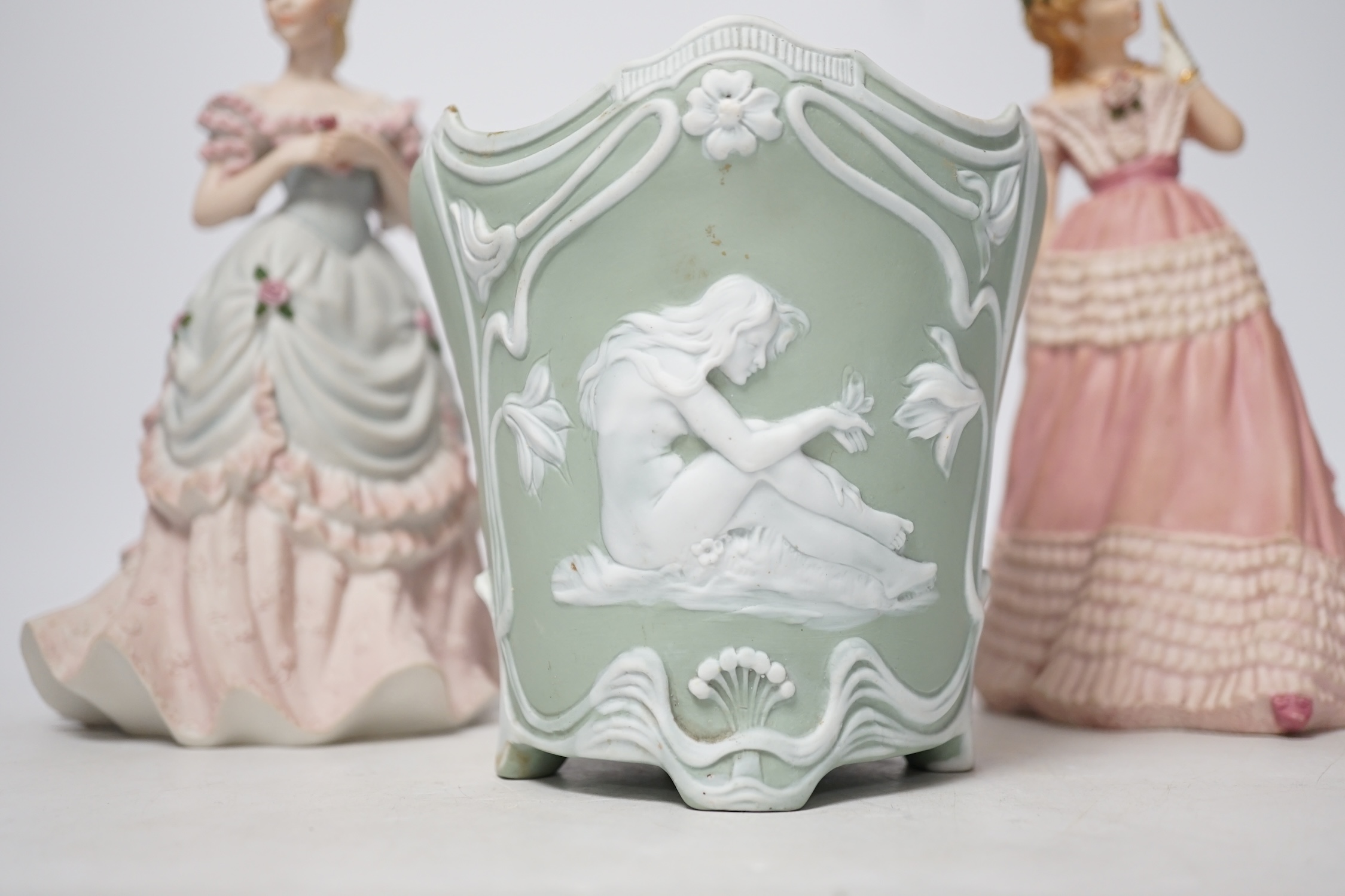 A bisque planter and a pair of Coalport figures, figures 21cm high - Image 2 of 6