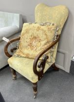A Regency mahogany upholstered open armchair, width 52cm, depth 60cm, height 90cm