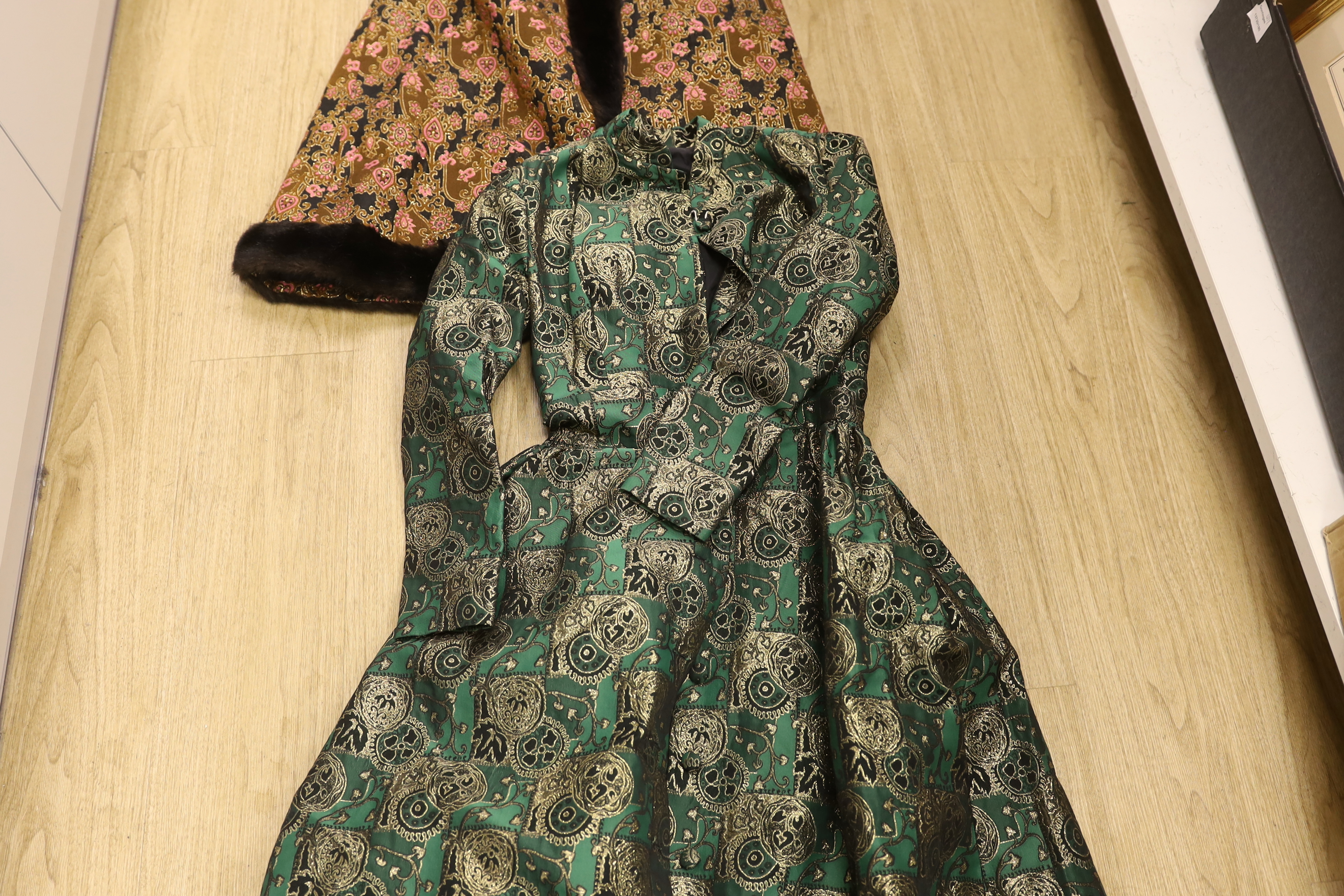 Two late 20th century brocade ladies evening coats, one with fur trimming to the neck, cuffs and - Image 3 of 5