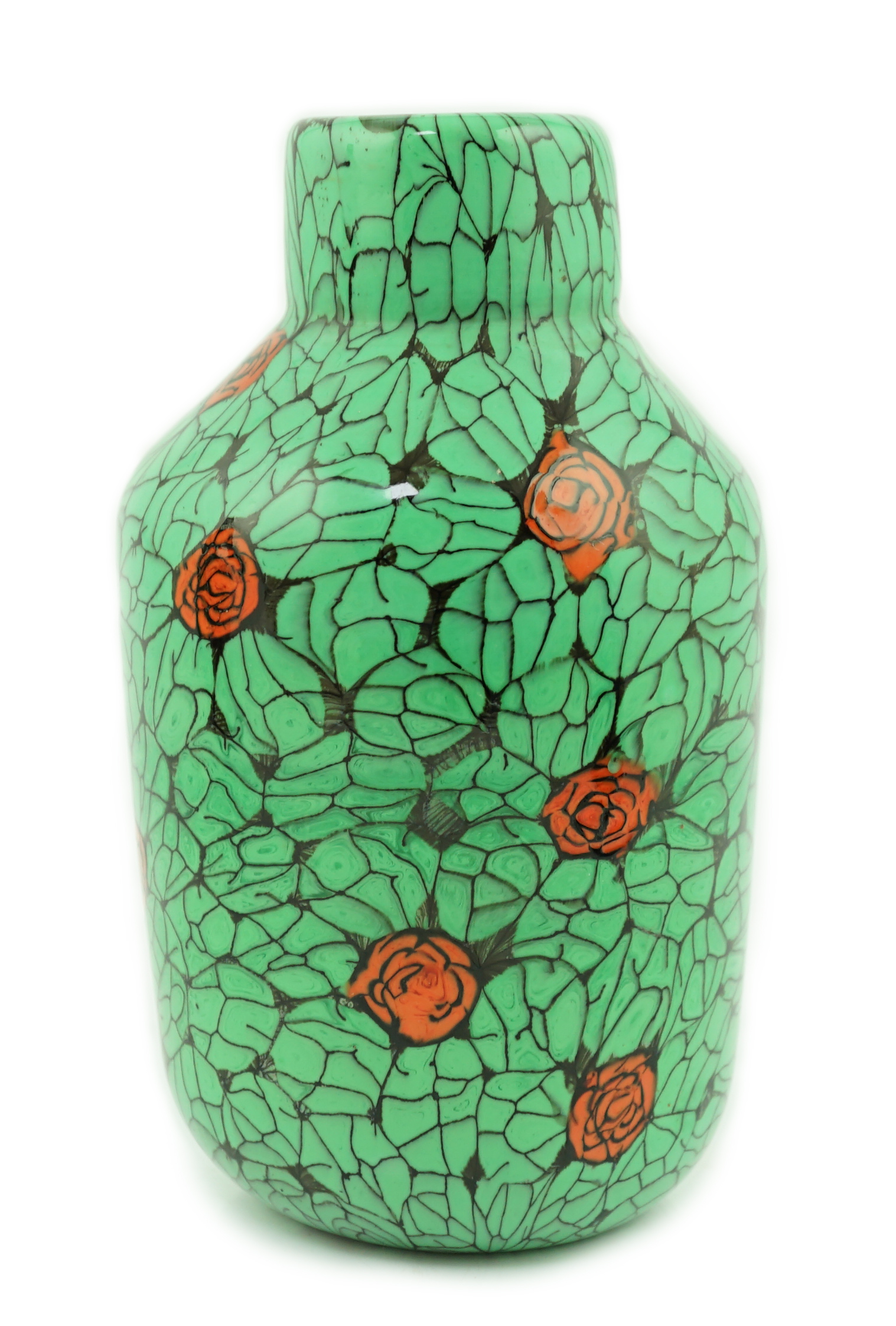 ** ** Vittorio Ferro (1932-2012) A Murano glass Murrine vase, with green leaves and red rose buds,