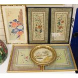 Two pairs of framed 20th century Chinese silk embroideries, two using Chinese knotting, a