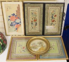 Two pairs of framed 20th century Chinese silk embroideries, two using Chinese knotting, a