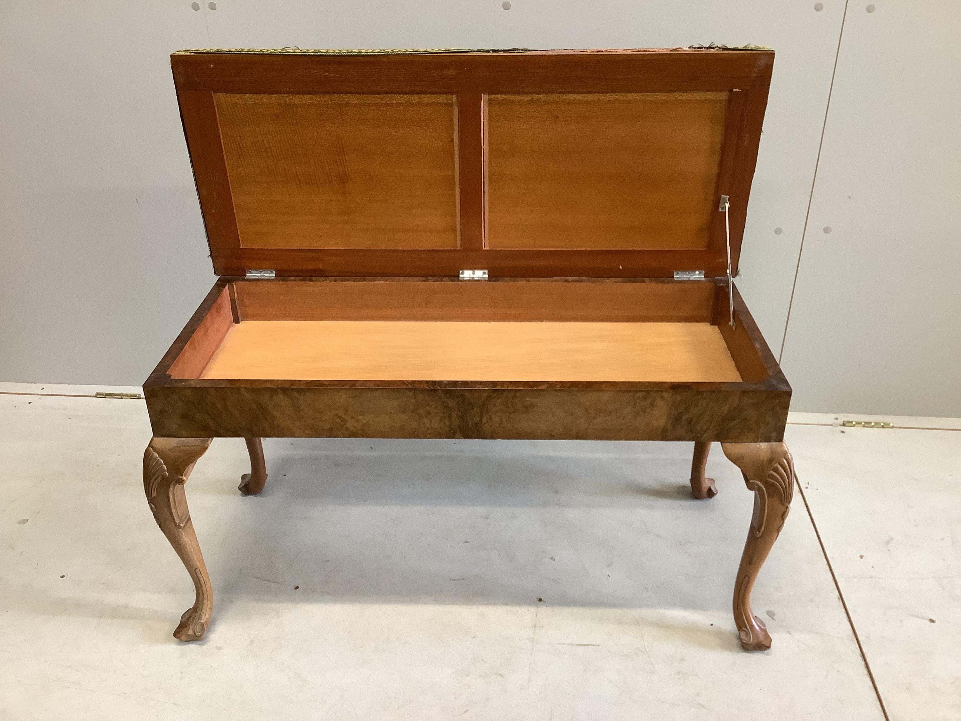 A Queen Anne revival walnut duet piano stool, with hinged box seat, width 93cm, depth 39cm, height - Image 3 of 3