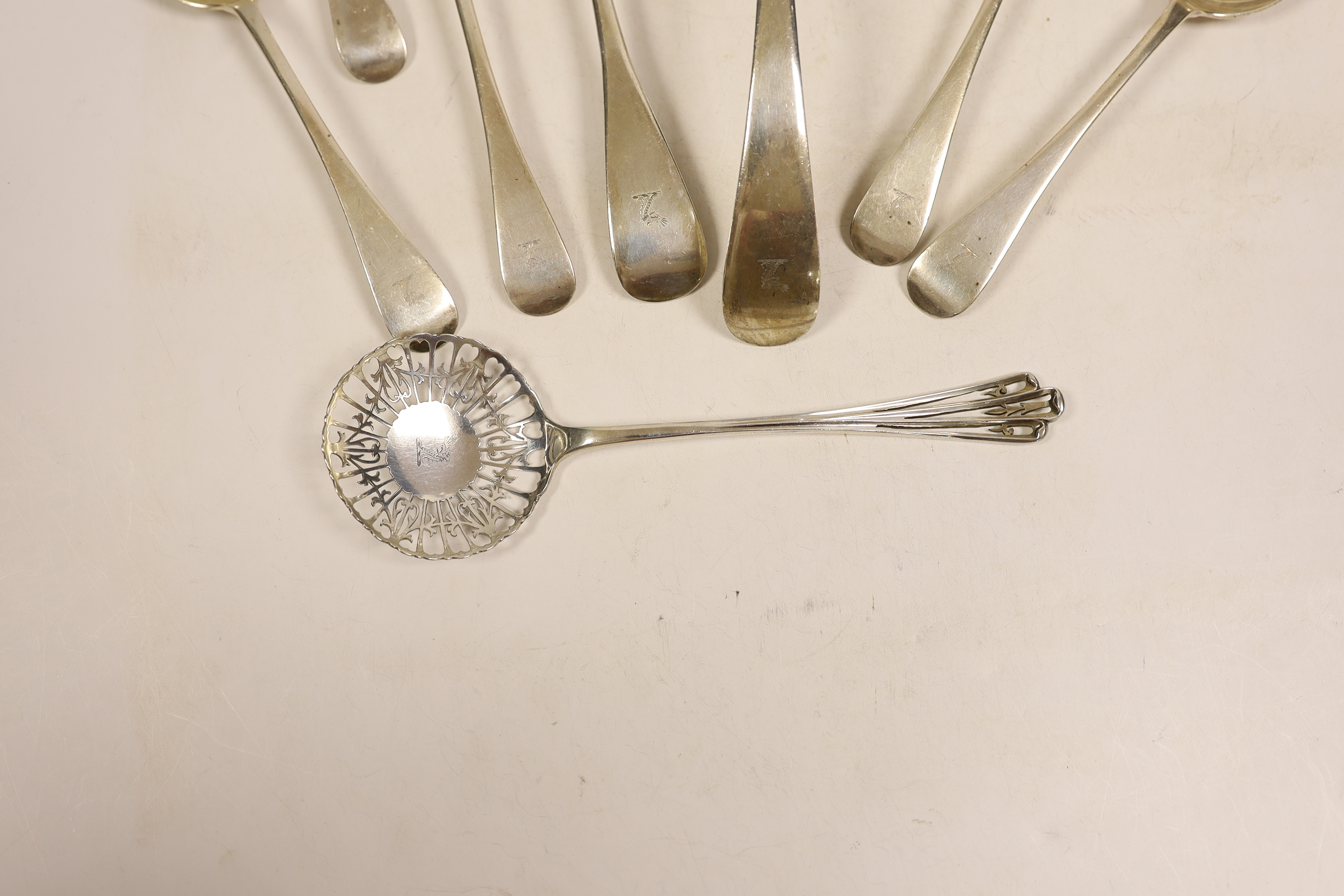 A George V silver Old English pattern soup ladle, basting spoon and set of six soup spoons, John - Image 4 of 6