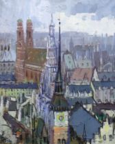 Porés, impressionist oil on canvas, Munich skyline, signed, inscribed verso, 88 x 71cm