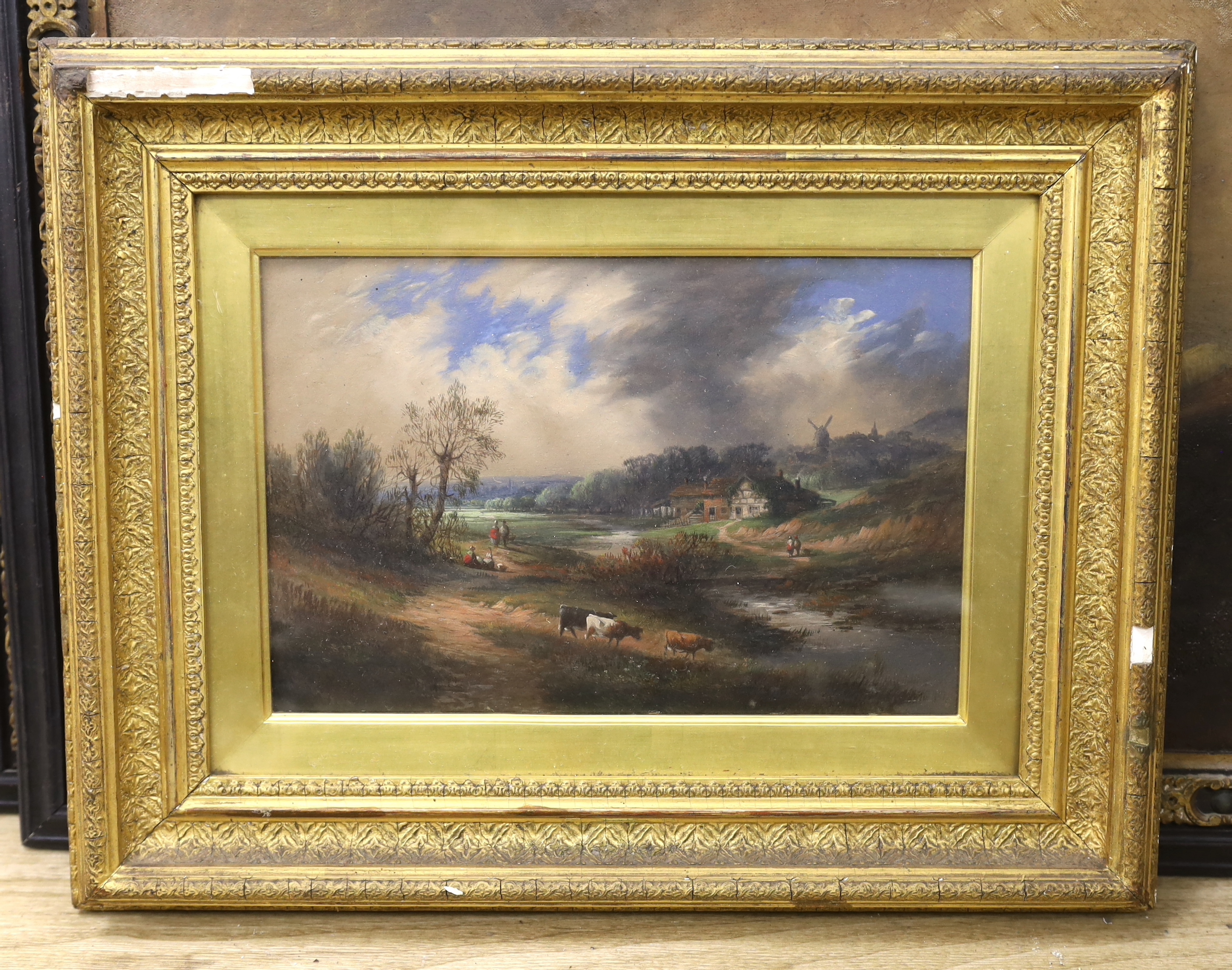 19th century Continental School, oil on board, River landscape with cattle, unsigned, 19 x 30cm, - Image 2 of 3