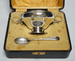 A George V cased silver christening bowl and spoon, Joseph Gloster Ltd, Birmingham, 1928/29, bowl