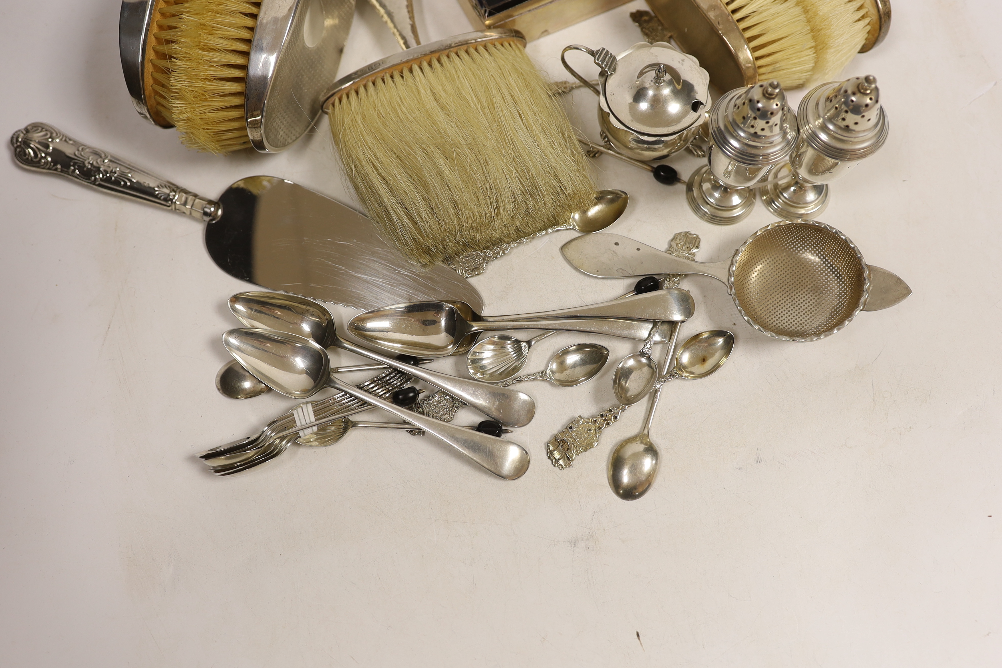 Sundry small silver including flatware, mounted clothes brushes, condiments and mounted cigarette - Image 2 of 4