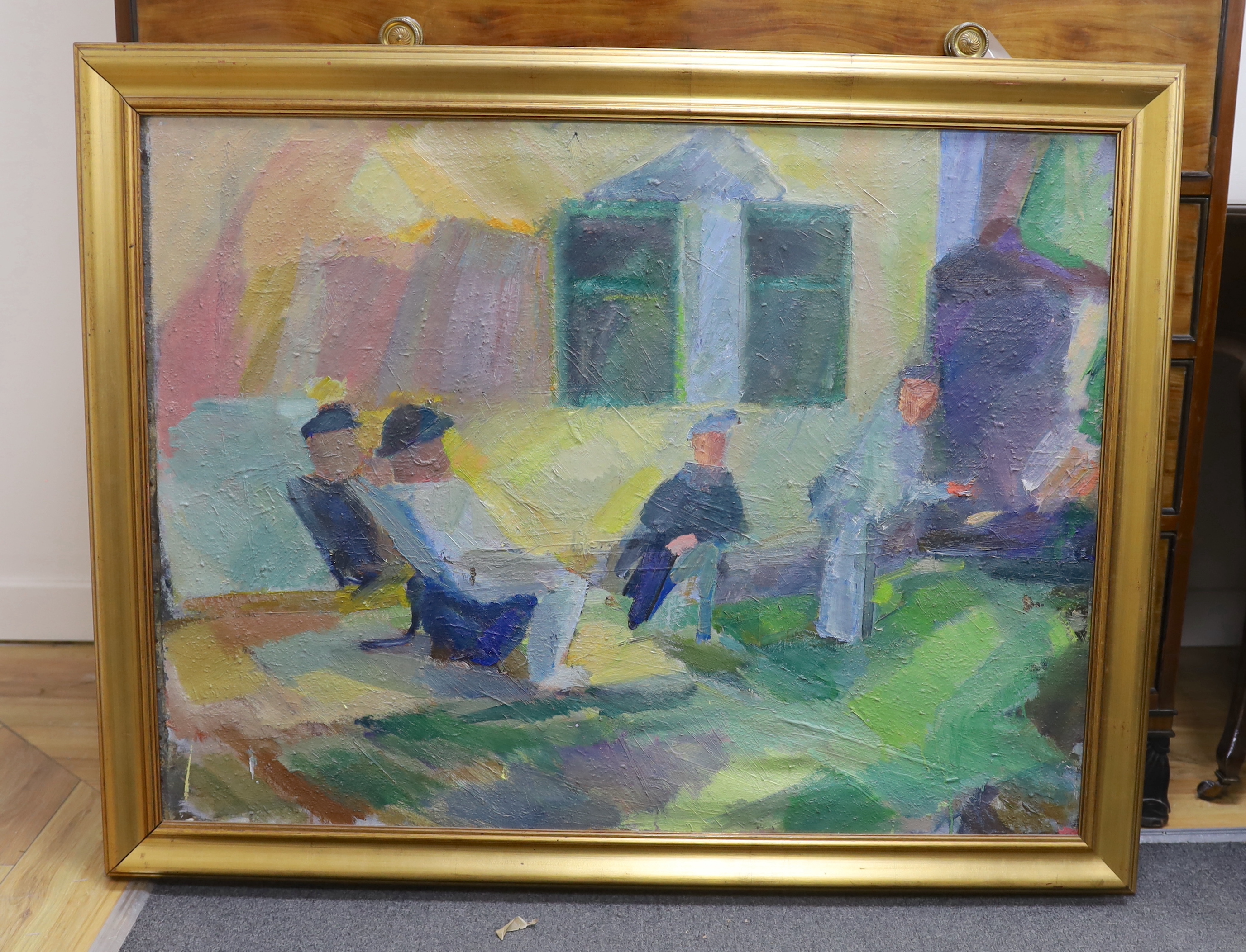 Danish School, oil on canvas board, Four seated figures, unsigned, 72 x 96cm - Image 2 of 3