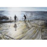 D.J. Wall, watercolour, Pier with fishermen, signed, 24 x 35cm