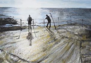 D.J. Wall, watercolour, Pier with fishermen, signed, 24 x 35cm