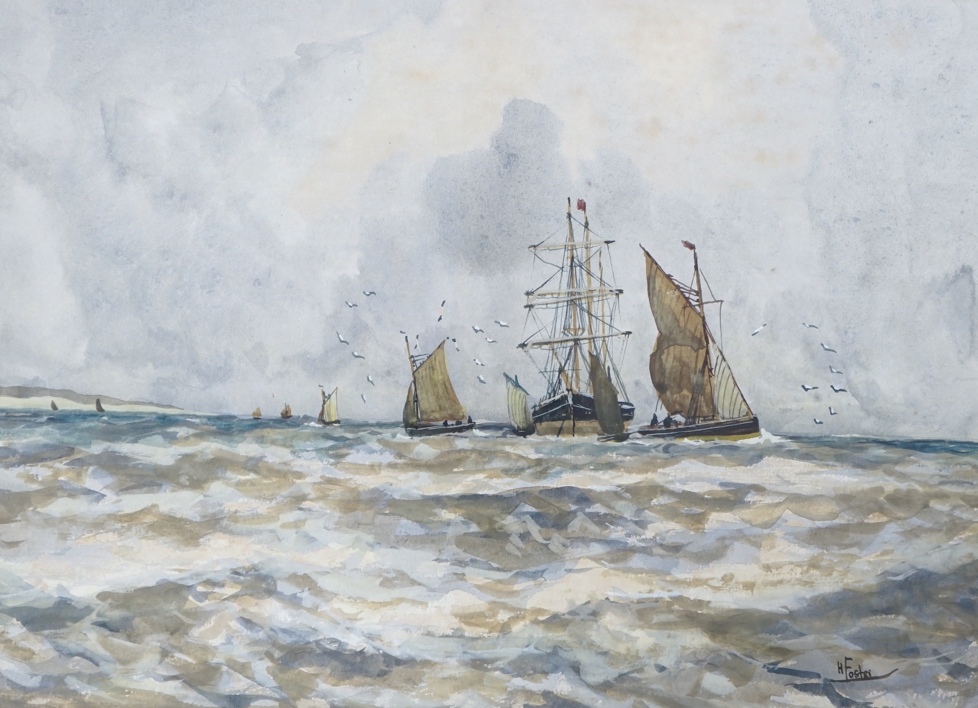 H. Foster (19th/20th. C), pair of Maritime interest watercolours, Marina and ships at sea, each - Image 2 of 4