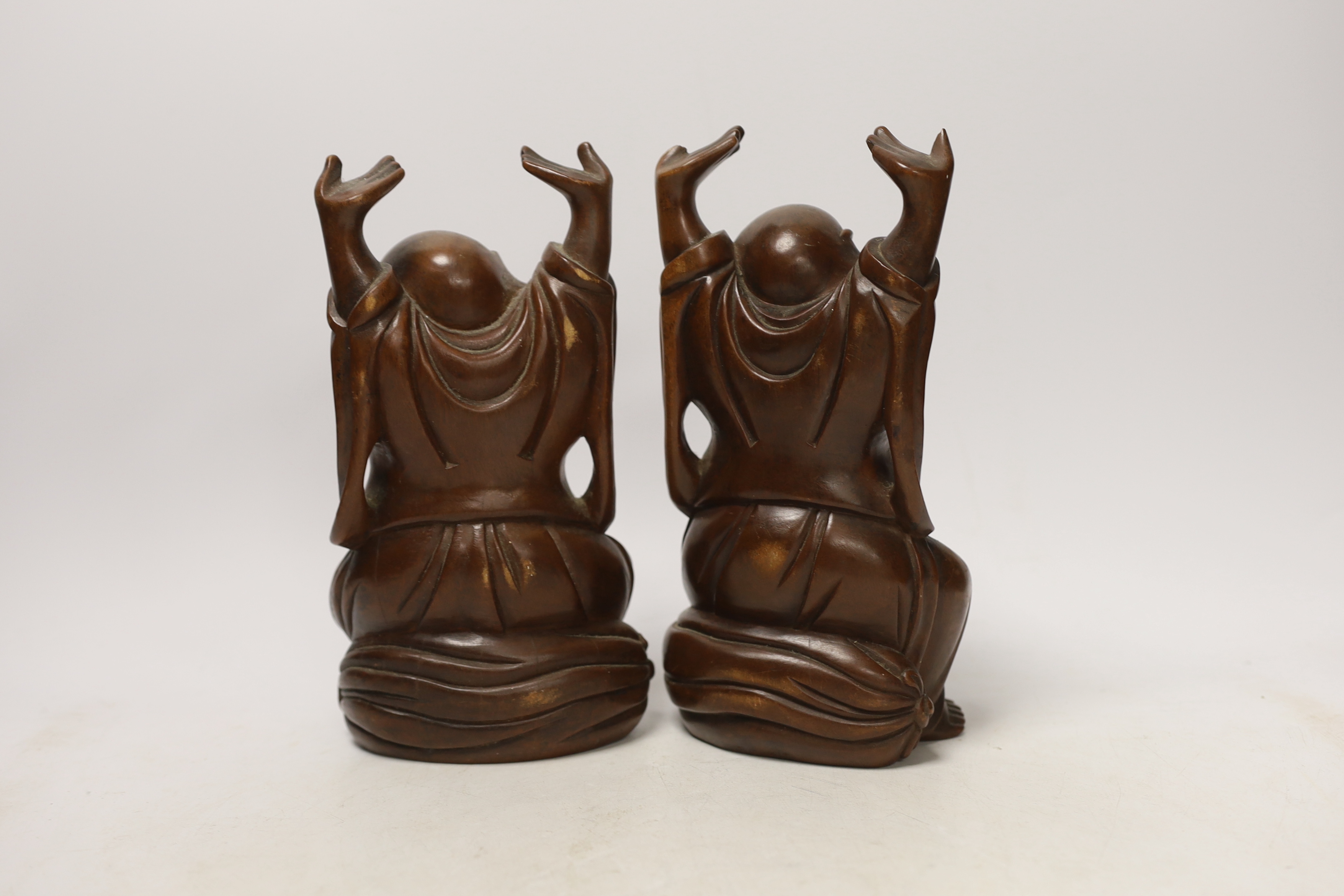 Two Chinese carved wood figures of Budai, 22cm high - Image 2 of 3