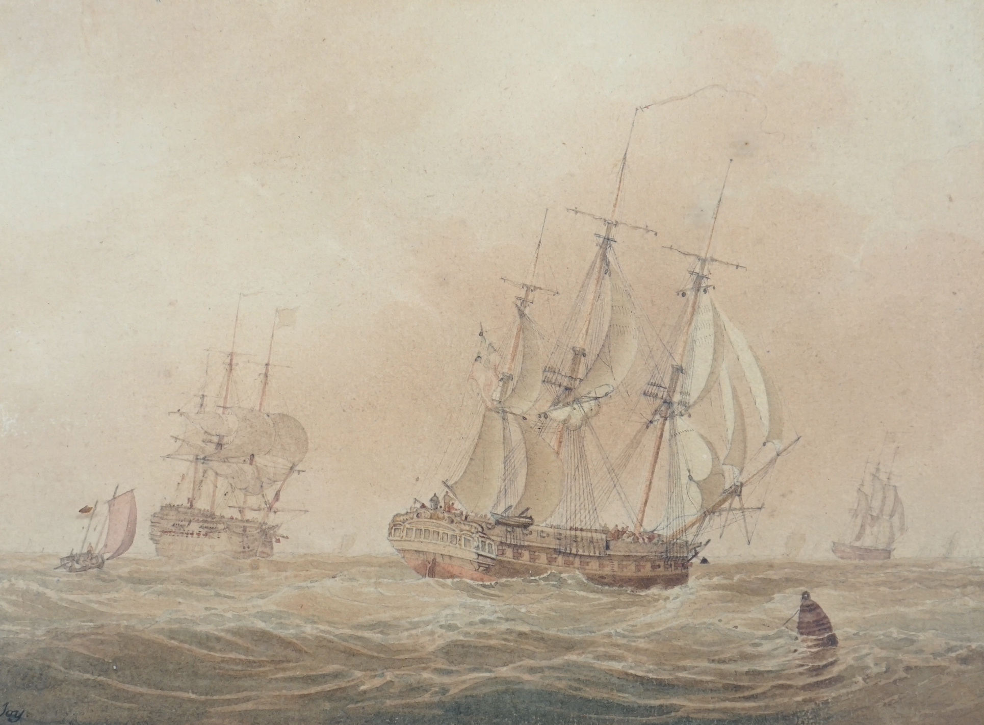 John Cantiloe Joy (1806-1866), watercolour, Shipping at sea, signed, 21 x 29cm - Image 3 of 5