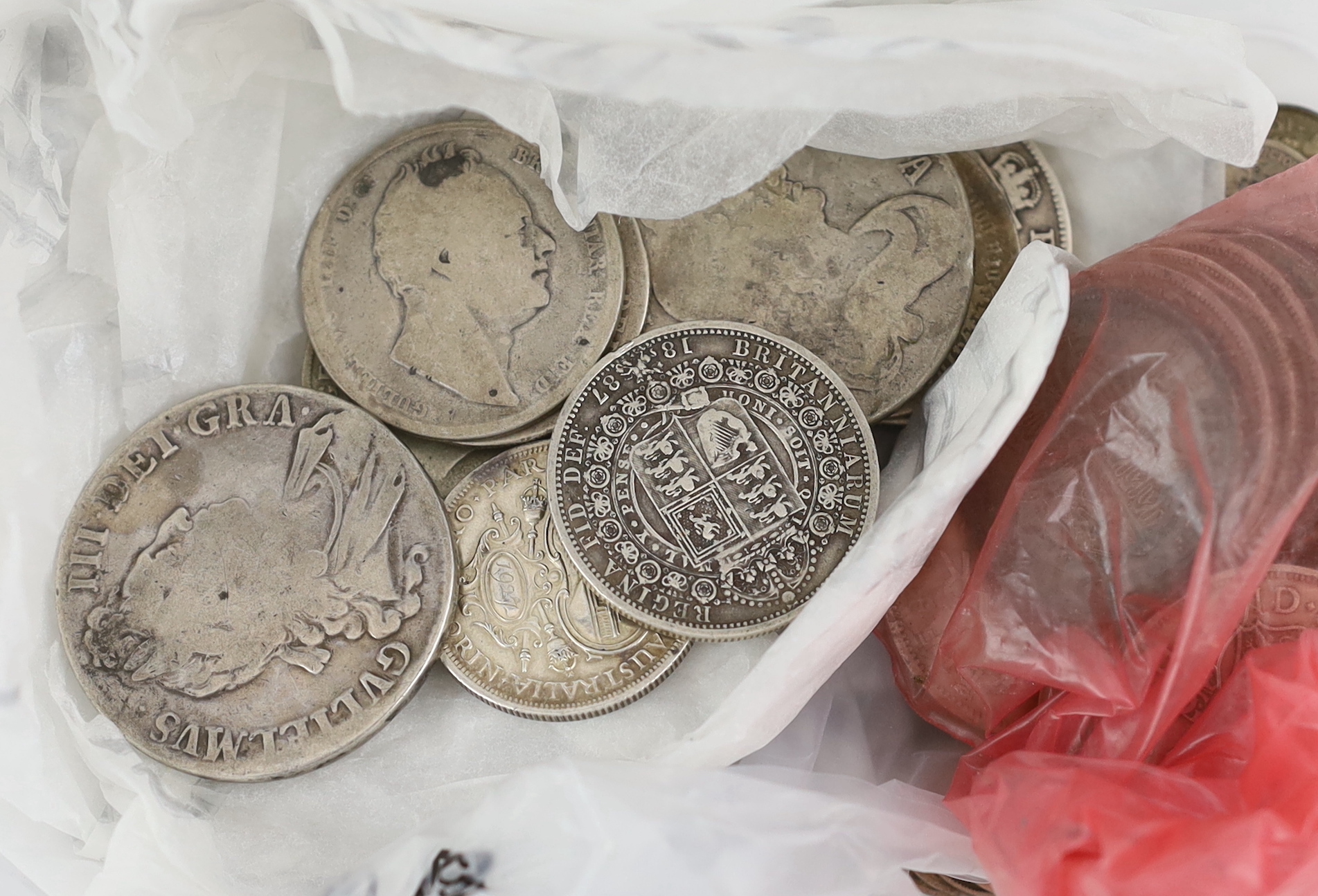 British and World coins, mostly silver including - 1670, 1695 and 1888 crowns, William IV to