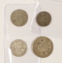British silver coins - Charles II 4d, 1681, a George II shilling, 1743, F, and sixpence 1757, F
