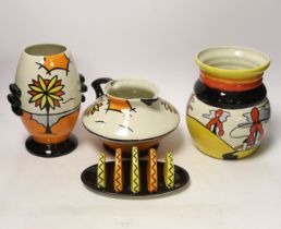Four Lorna Bailey 'Old Ellgrave' pottery items including toast rack and two jugs, tallest 19.5cm