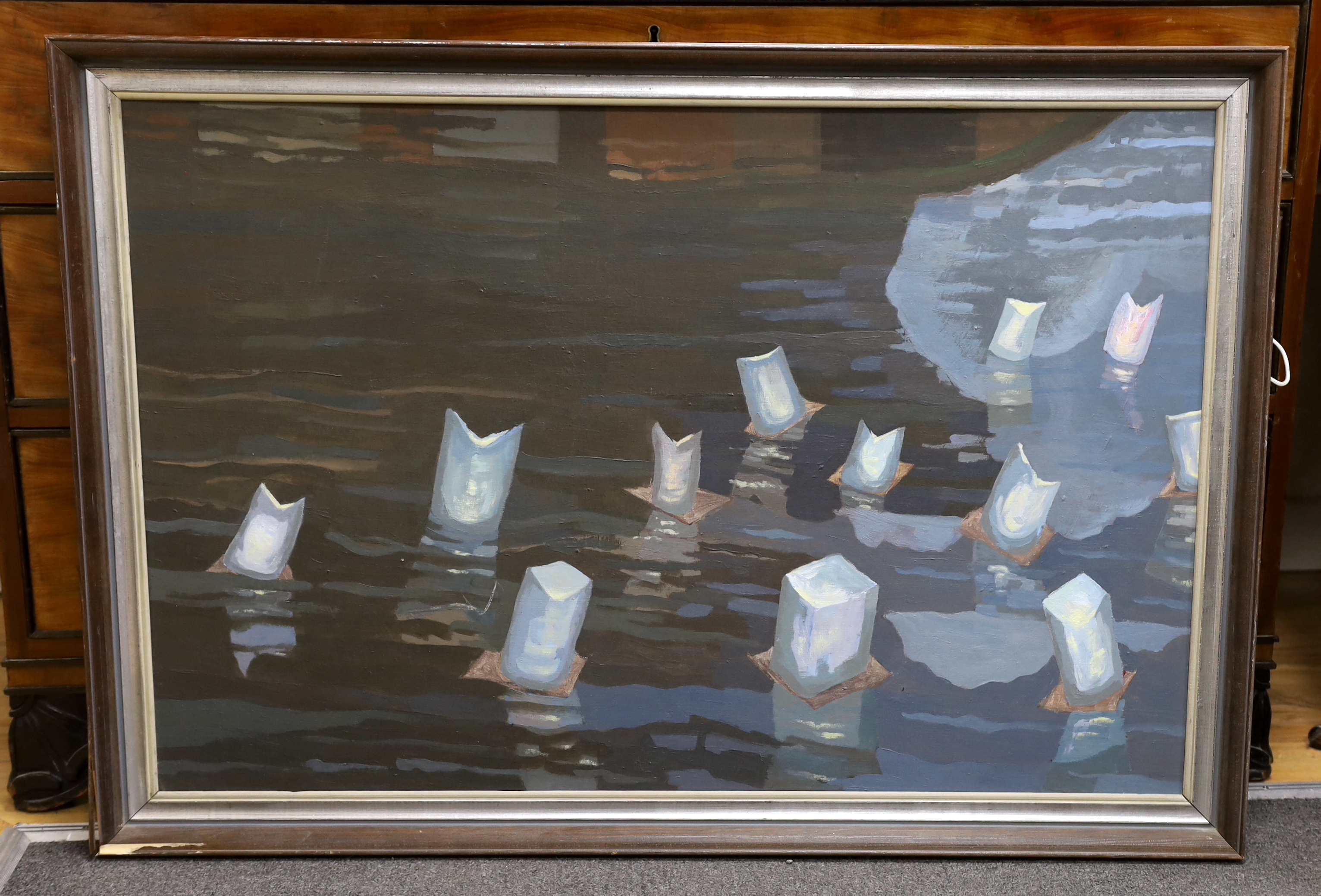 M. Douglas-Thompson, oil on board, 'Hiroshima Day on The Ouse', unsigned, inscribed verso, 59 x - Image 2 of 3