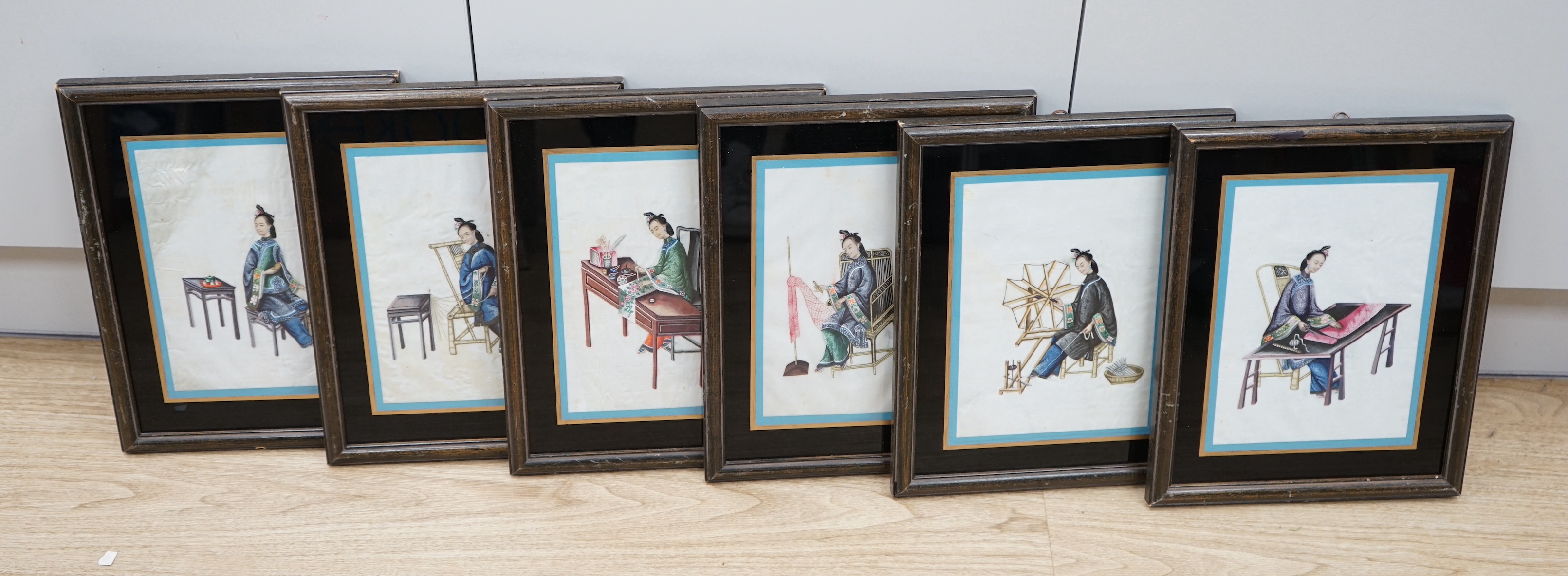 19th century Chinese School, set of six pith paper paintings, 'Ladies at work', 23.5 x 16.5cm - Image 2 of 7