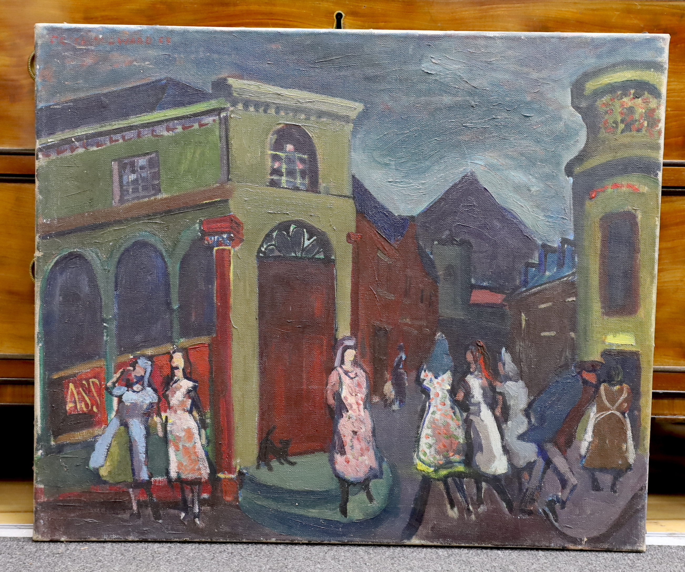 Frith Milward (1906–1982), oil on canvas, Town scene with figures, 50 x 61cm, unframed - Image 2 of 3