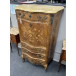 A Louis XV style inlaid kingwood marble top secretaire chest, width 78cm, depth 46cm, height 137cm