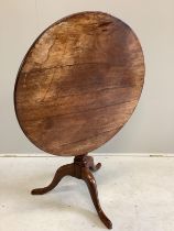 An early Victorian mahogany circular tilt top tripod tea table, diameter 80cm, height 71cm