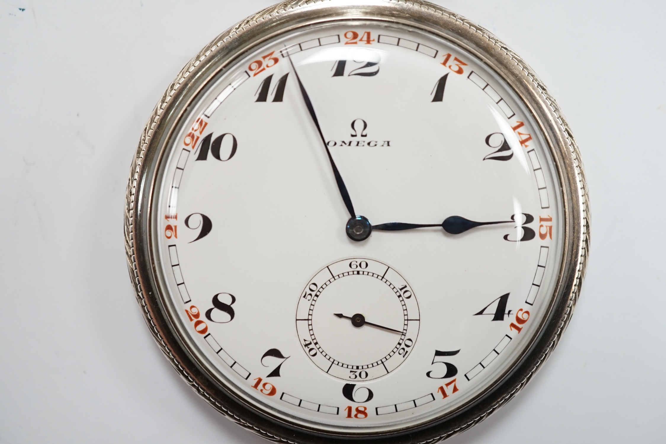 A German 900 standard cased Omega keyless open face dress pocket watch, with Arabic dial and - Image 2 of 7