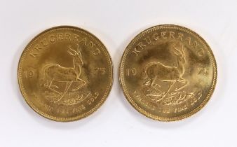Gold coins, South Africa, two gold 1oz. Krugerrands, 1975, near UNC (2oz.)
