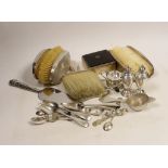 Sundry small silver including flatware, mounted clothes brushes, condiments and mounted cigarette