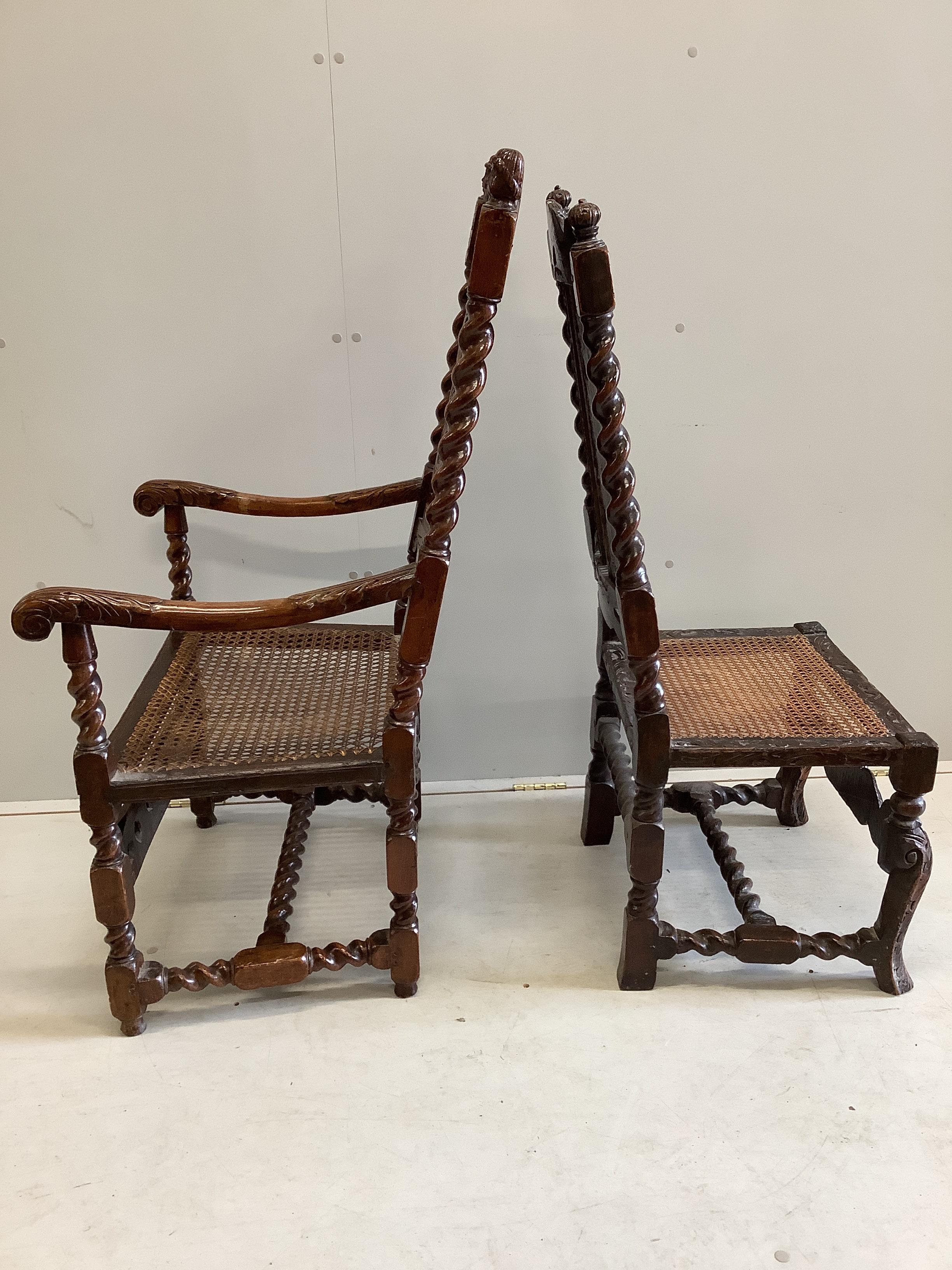 A Charles II walnut and canework open armchair and a similar side chair, larger width 60cm, depth - Image 2 of 2