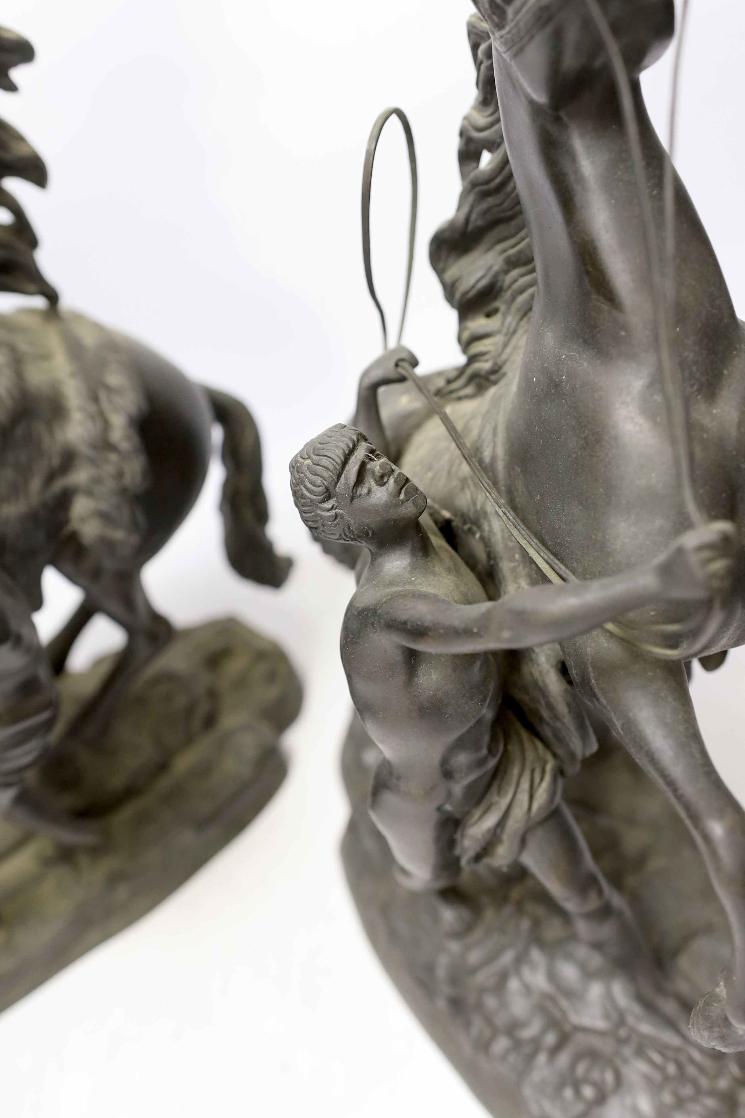 After Guillaume Coustou (1677-1746), a pair of bronze Marly horses, 37cm - Image 3 of 5