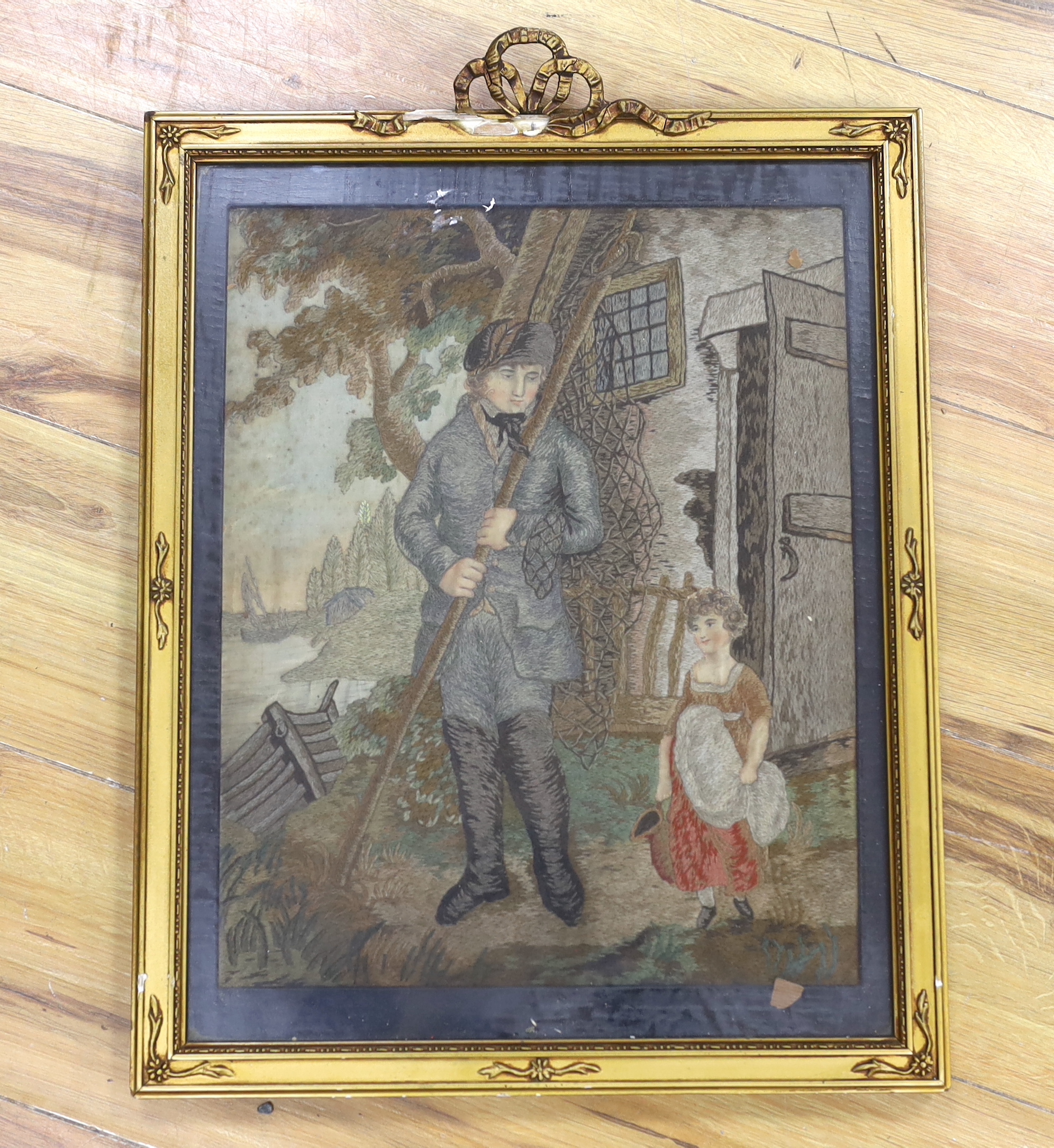 A late Georgian woolwork on silk picture depicting a fisherman and girl, 38x31cm excluding frame - Image 2 of 3