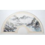 Chinese School, watercolour, fan leaf design, Mountainous river landscape, 23 x 43cm