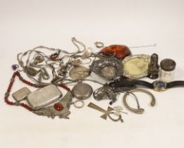 Miscellaneous silver including cigarette case, pepperette, bonbon dish, vesta case and belt