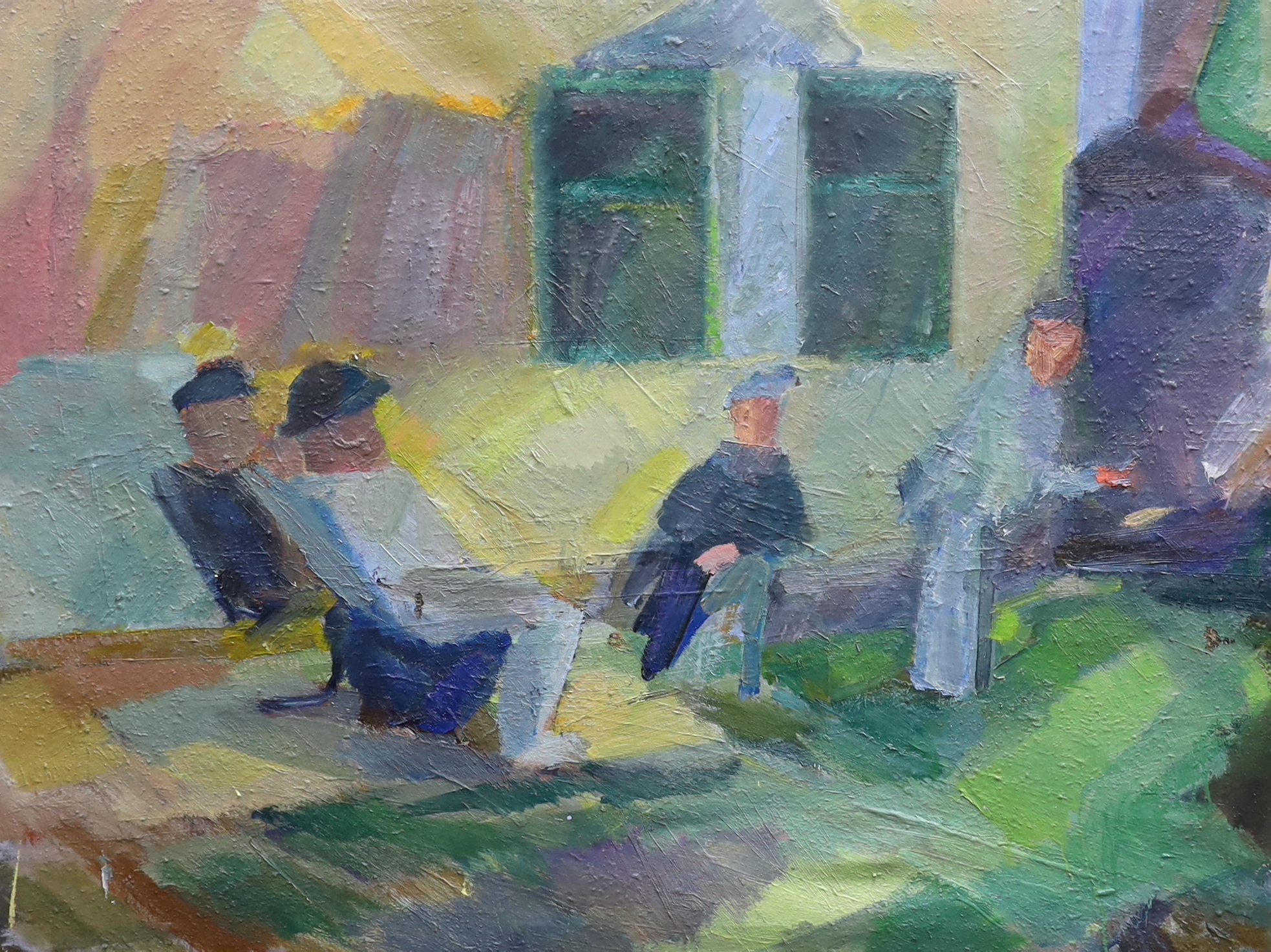 Danish School, oil on canvas board, Four seated figures, unsigned, 72 x 96cm