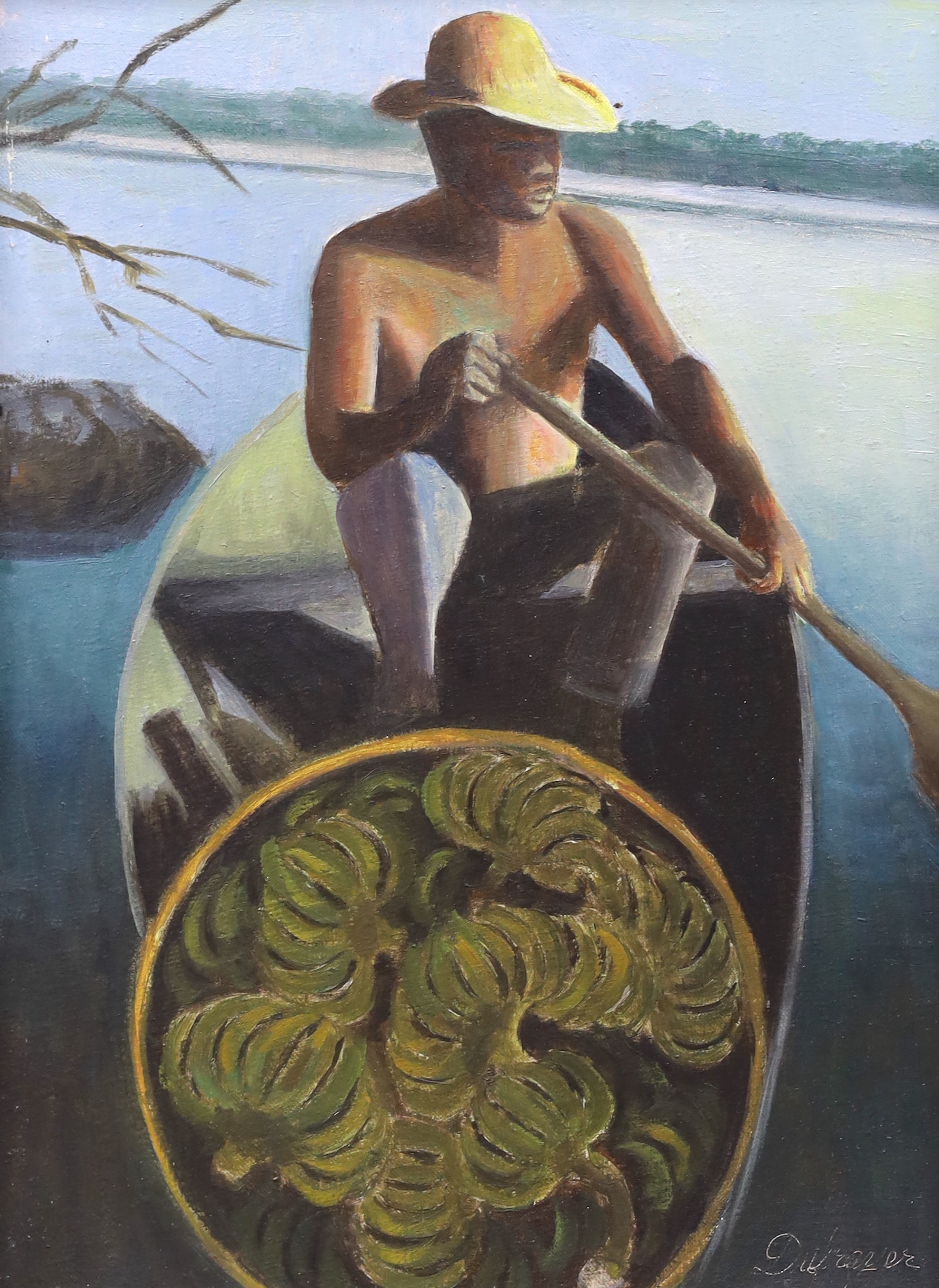 Candeiro (Brazilian), oil on canvas, 'Canoe', signed, inscribed verso, 32 x 23cm
