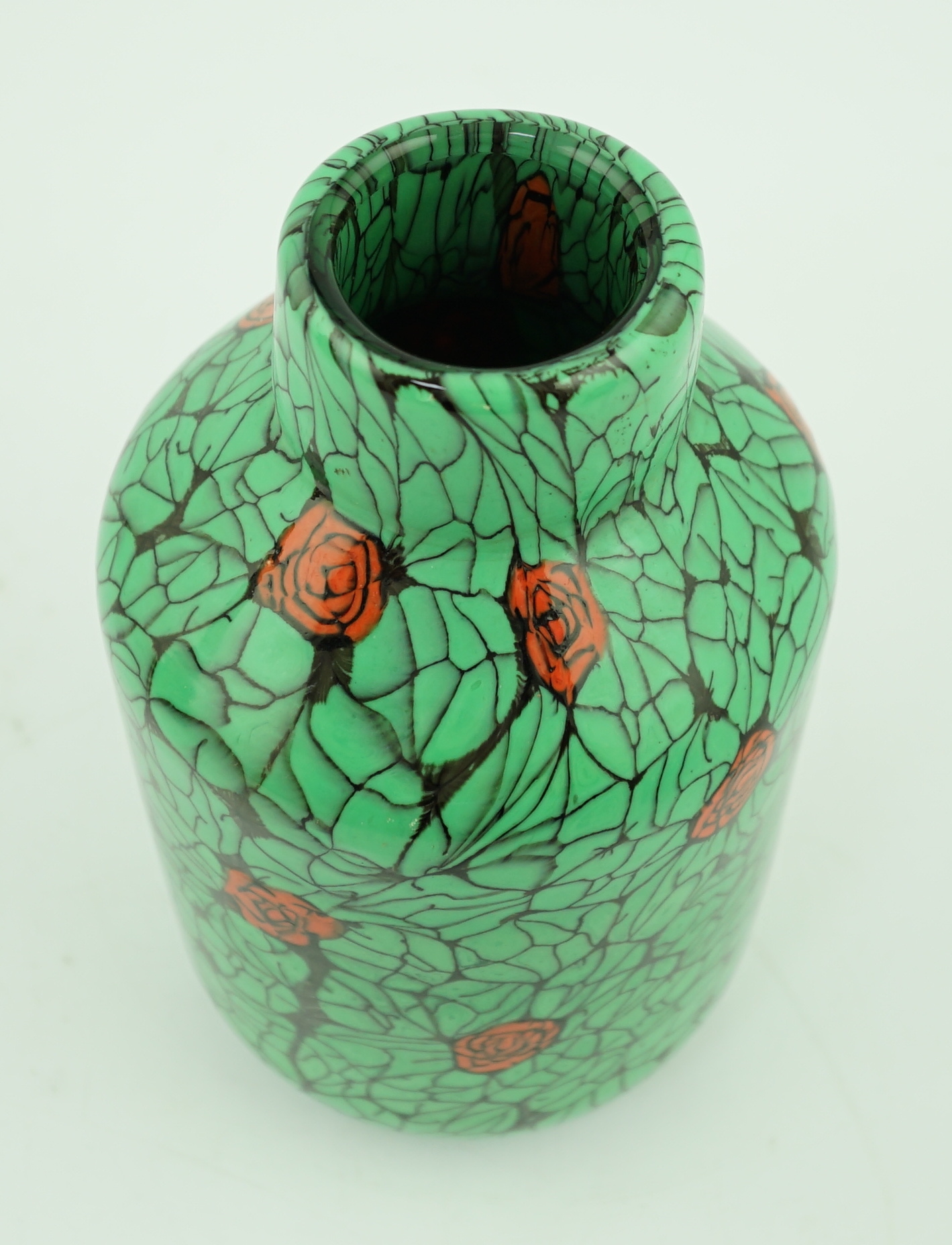 ** ** Vittorio Ferro (1932-2012) A Murano glass Murrine vase, with green leaves and red rose buds, - Image 3 of 4