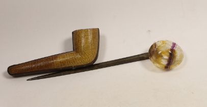 A small Blue John dish, a silver skewer and a pipe case, skewer 27.5cm long