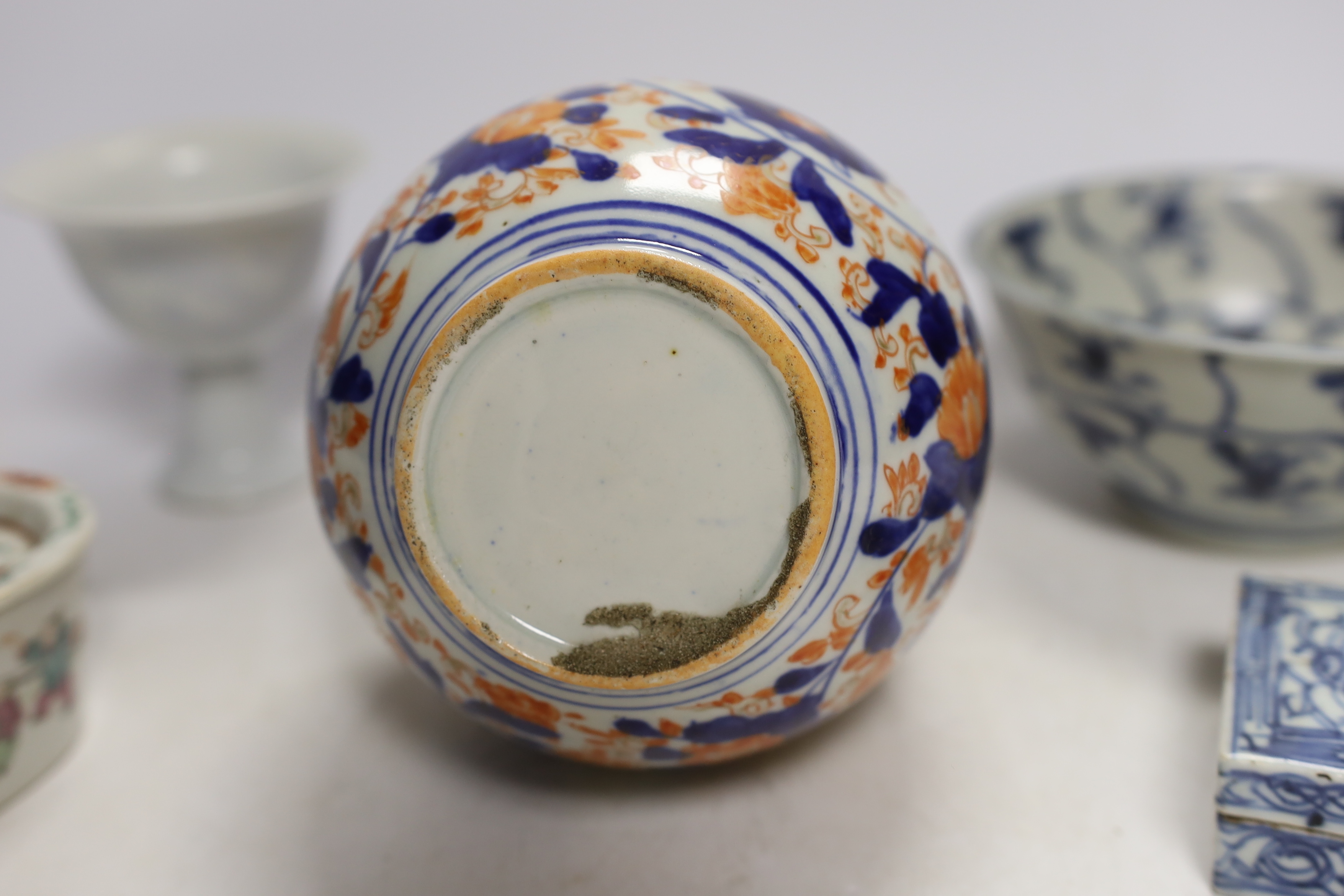 A Chinese Tek Sing Cargo bowl, a Chinese famille Rose Jar and cover, late 19th century, a stem cup - Image 7 of 7