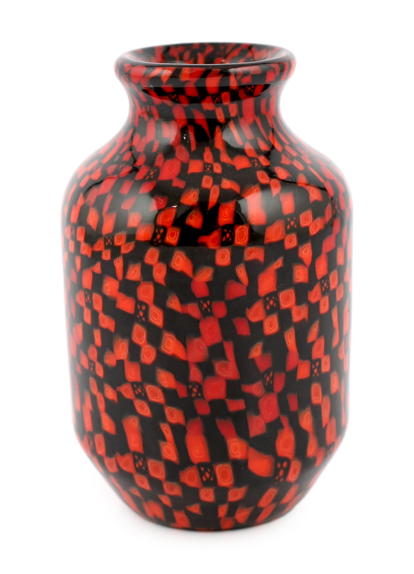 ** ** Vittorio Ferro (1932-2012) A Murano glass Murrine vase, in red and black, signed, 19cmPlease