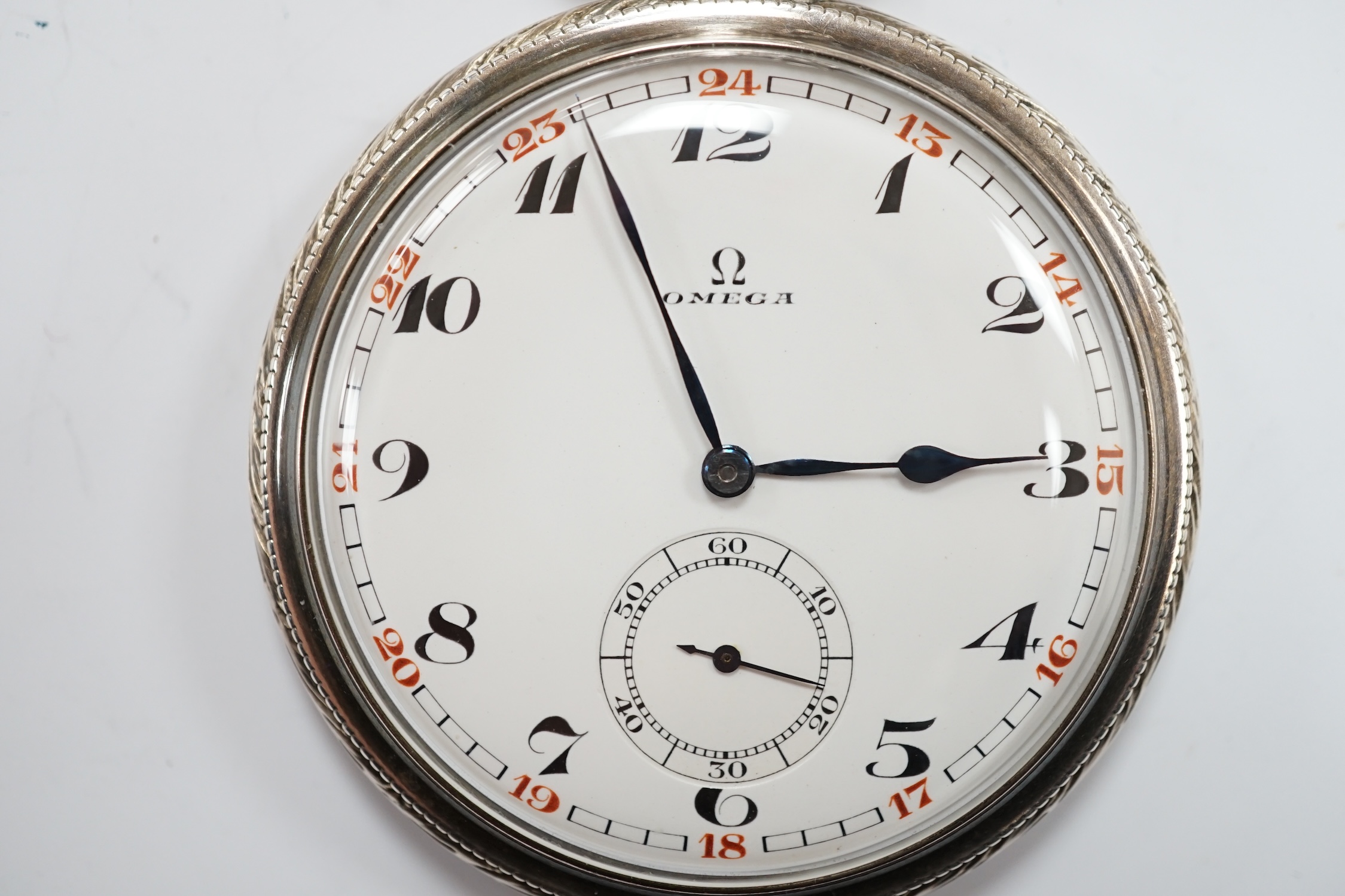 A German 900 standard cased Omega keyless open face dress pocket watch, with Arabic dial and - Image 3 of 7