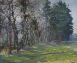 R. Miller, oil on canvas, Tree-lined pathway, signed, 39 x 49cm