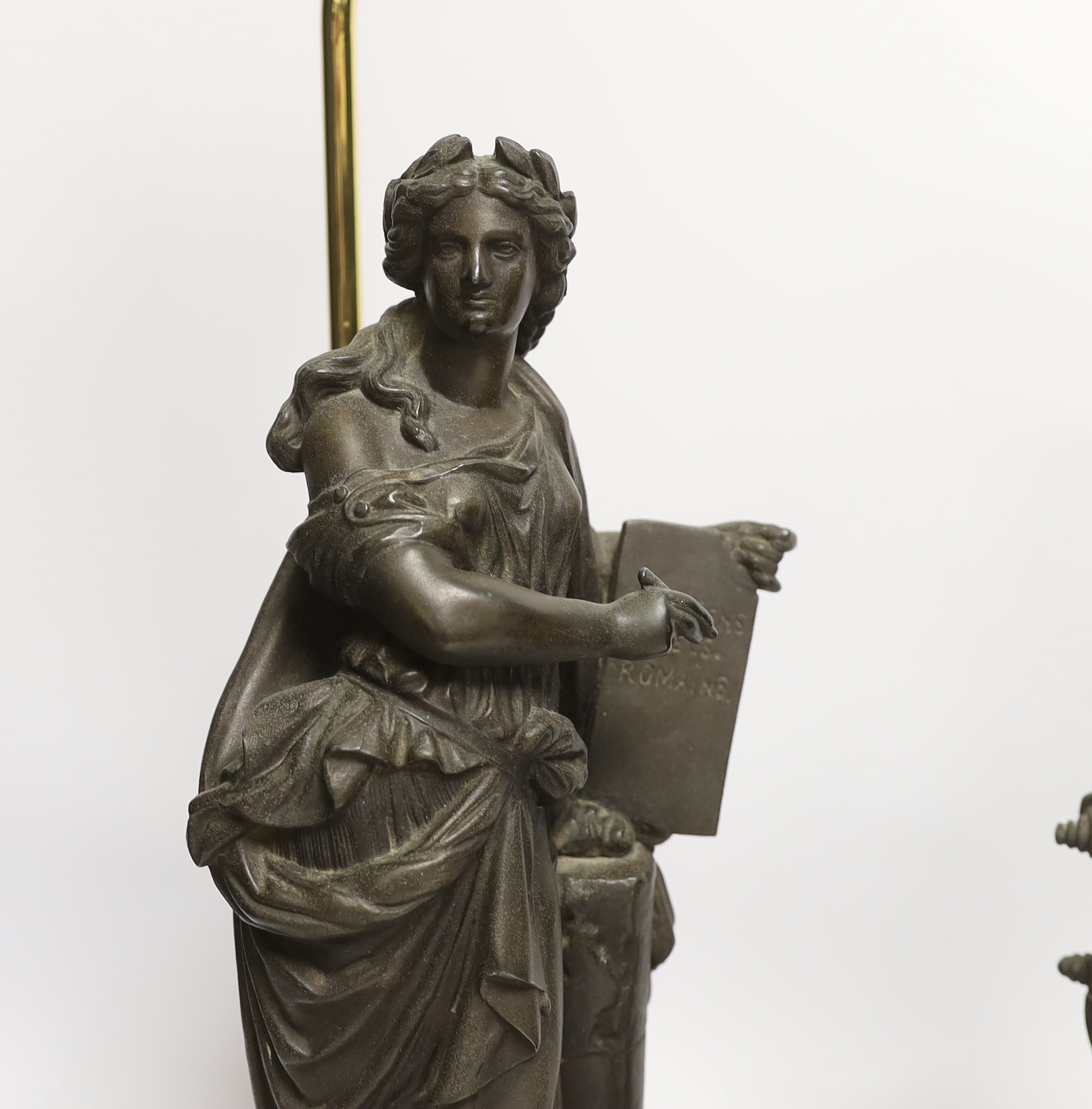 A pair of spelter figural table lamps emblematic of poetry and history, overall 56cm high - Image 2 of 7
